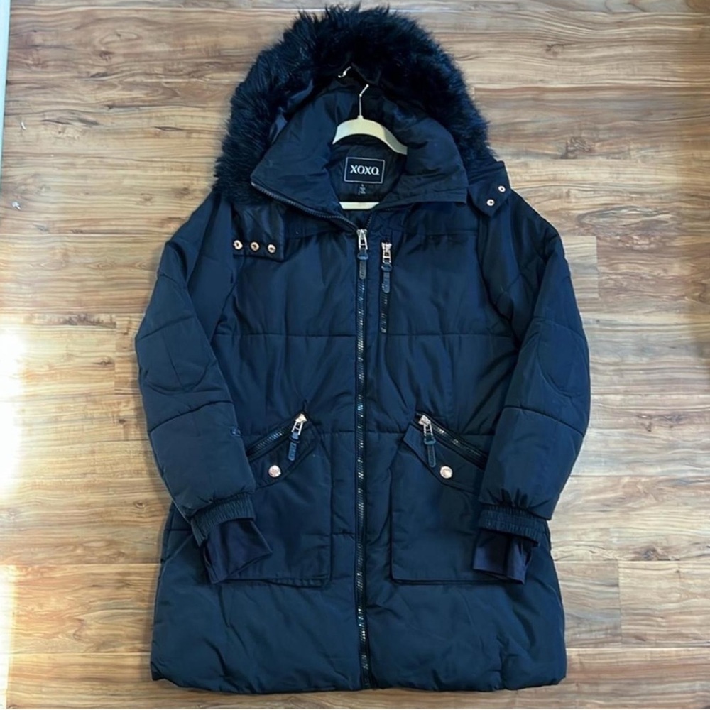 XOXO Women's Black Puffer Coat with Faux Fur Hood